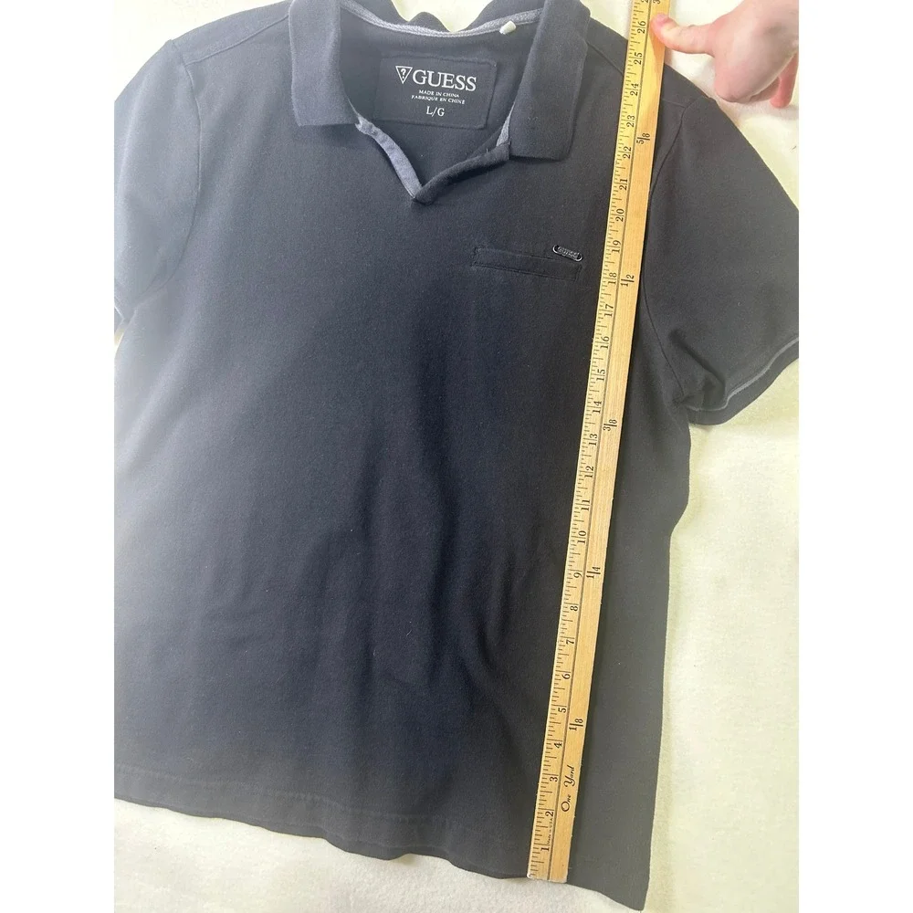Guess Mens Large Black V-Neck Polo Shirt Short Sleeve Grey Contrast Trim Pique